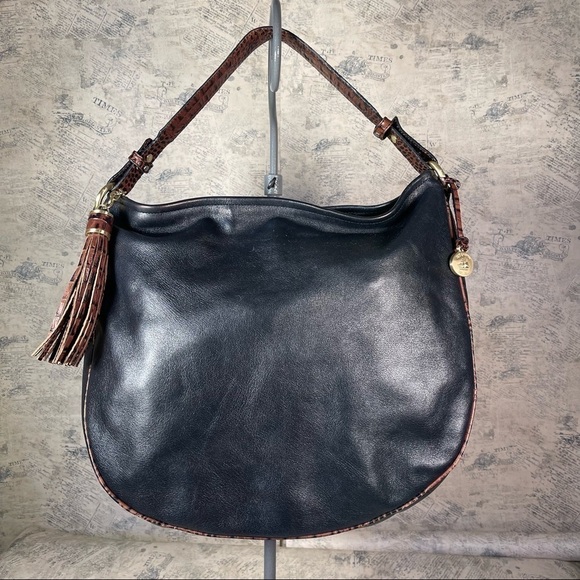 BRAHMIN Brown Black Croc Embossed Leather Shoulder Bag 90s